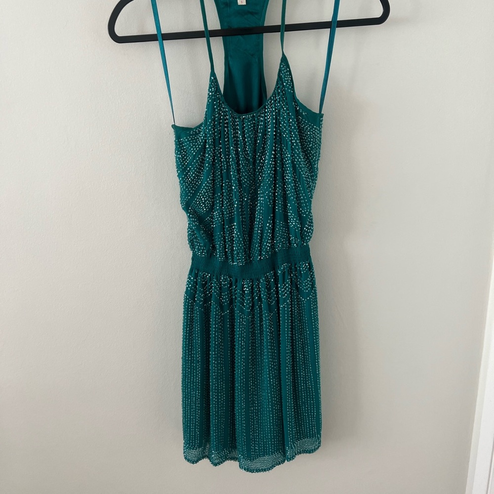 Parker Mini Dress Womens Small Teal Sequin Holiday Party Event Glam NYE - Picture 3 of 8